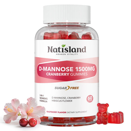 Flacon de gummies NATISLAND D Mannose 1500mg avec cranberry et hibiscus