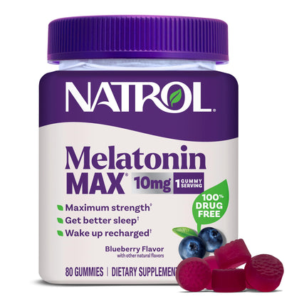 Flacon de gummies Natrol MelatoninMax 10 mg saveur myrtille, 80 unités