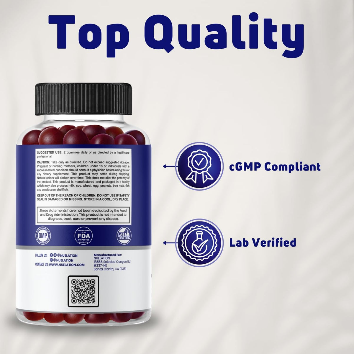 Flacon de gummies NUELATION avec étiquette de qualité et d'origine