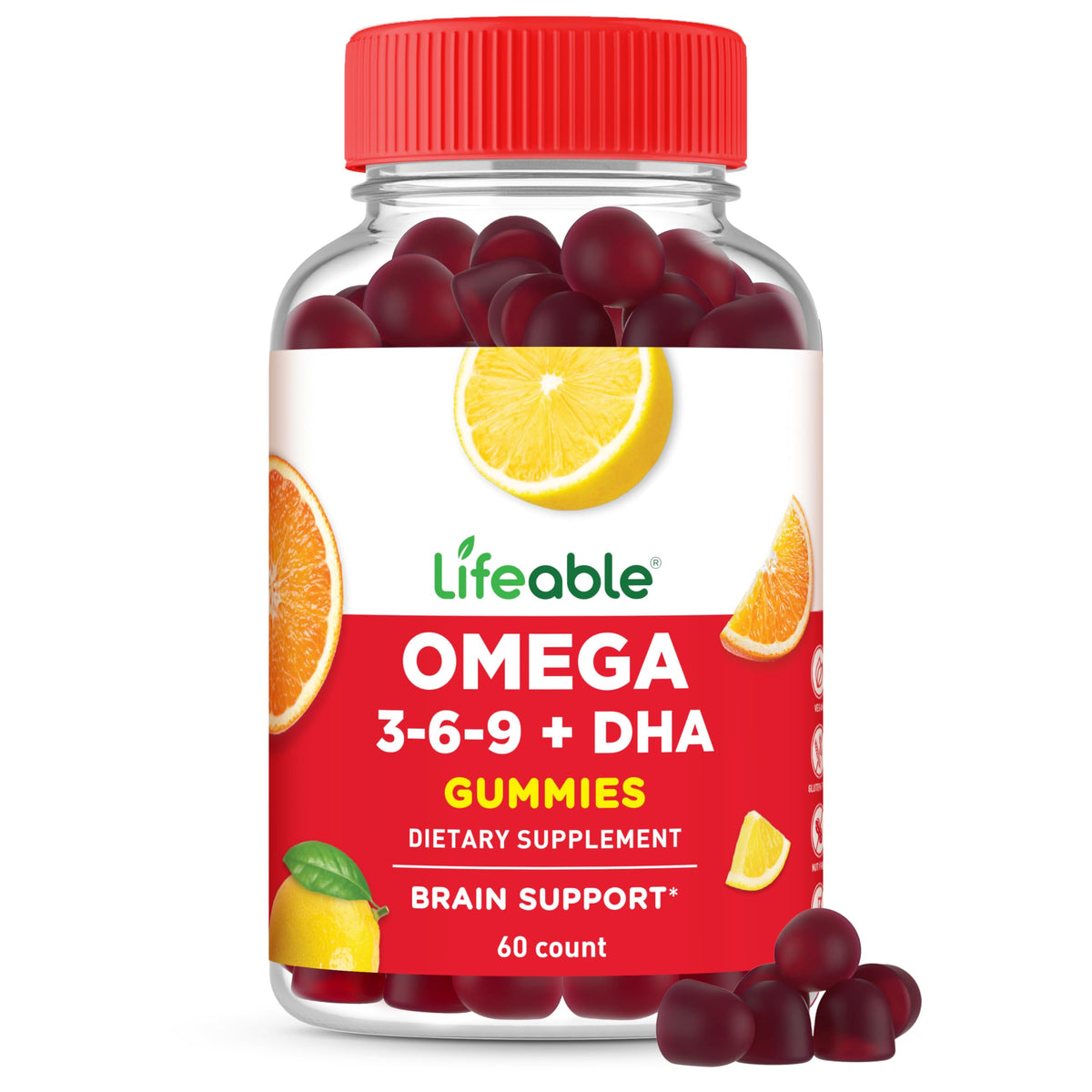 Flacon de gummies oméga 3 6 9 Lifeable, 60 gummies au goût d'orange et citron