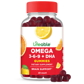 Flacon de gummies oméga 3 6 9 Lifeable, 60 gummies au goût d'orange et citron