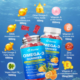 Flacon de gummies Omega-3 DIAOLAI ouvert montrant les gummies à l'intérieur