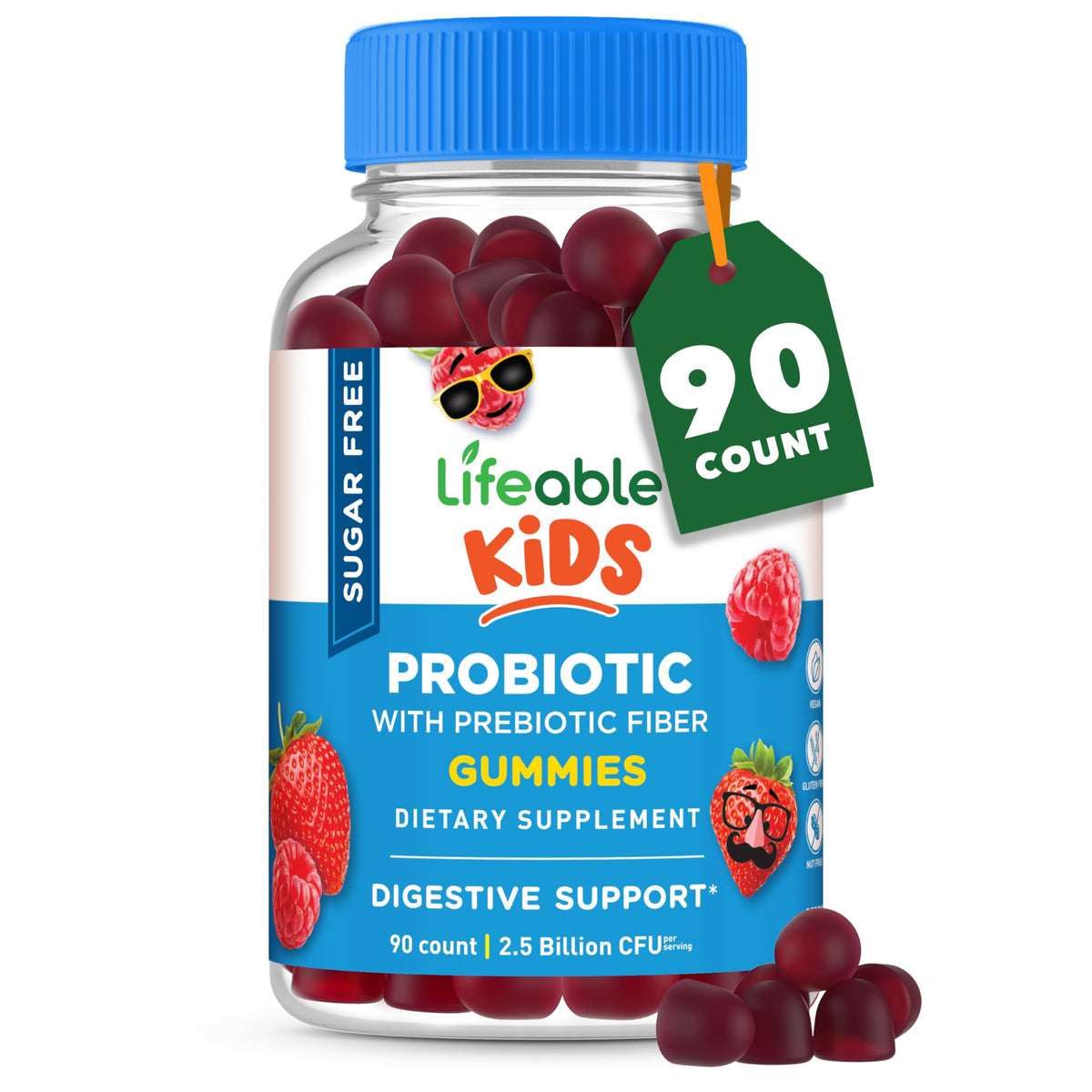Flacon de gummies probiotiques Lifeable à la framboise, 90 pièces