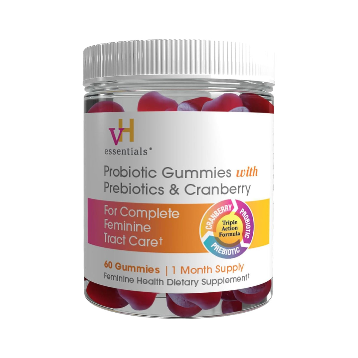 Flacon de gummies probiotiques vH essentials avec cranberry, 60 unités