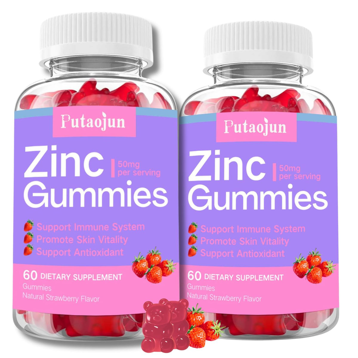 Flacon de gummies Putaojun au zinc 50mg, fraise naturelle, 120 pièces