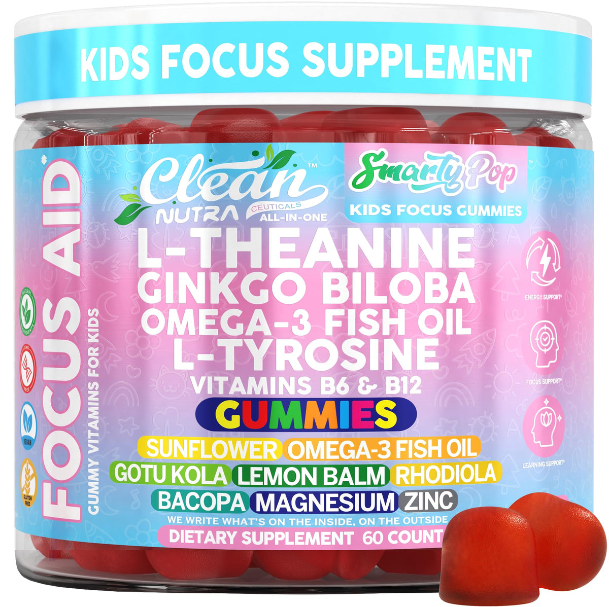 Flacon de gummies SmartyPop pour enfants Clean Nutraceuticals avec étiquette détaillant les ingrédients