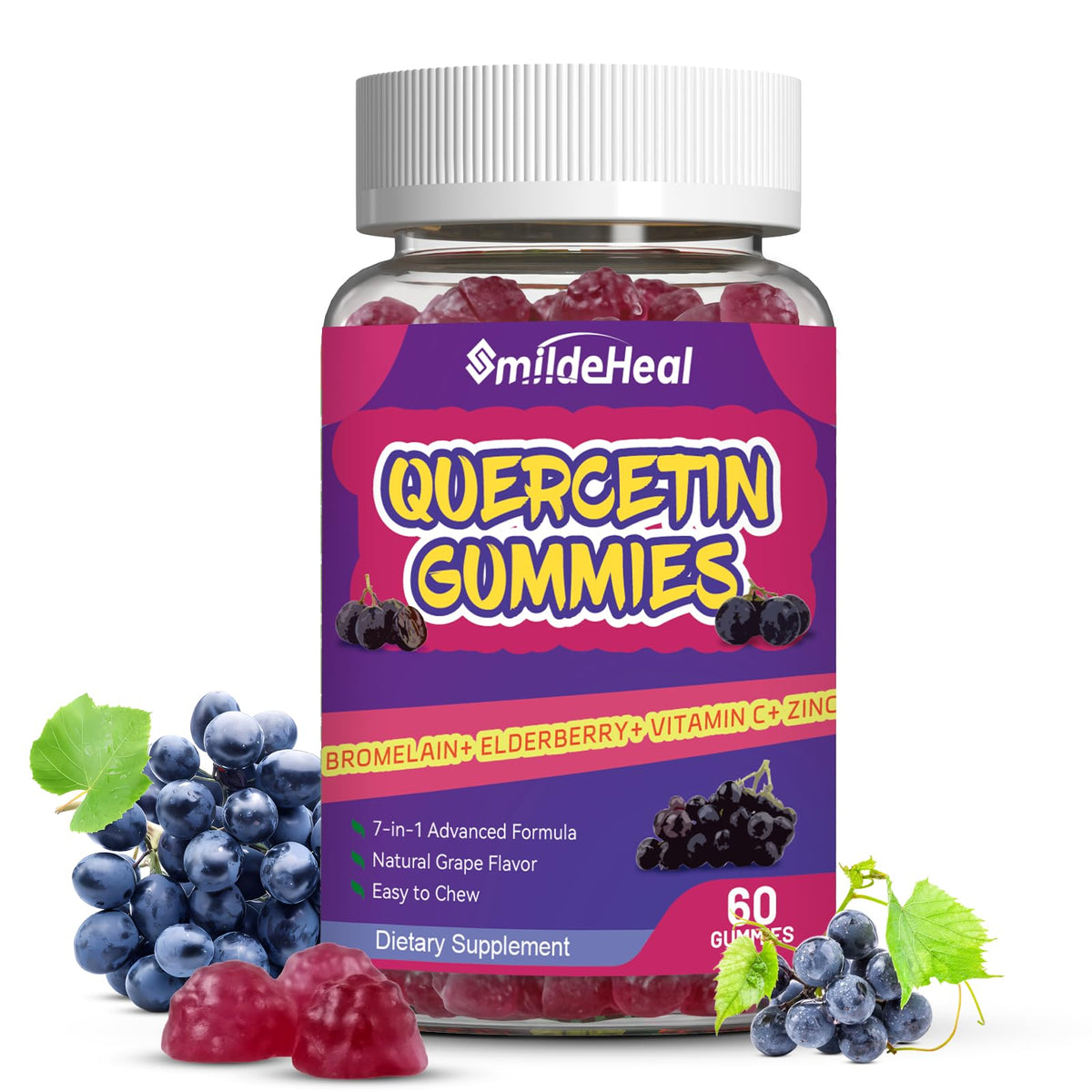 Flacon de gummies SmildeHeal de quercétine 1200mg avec étiquette visible