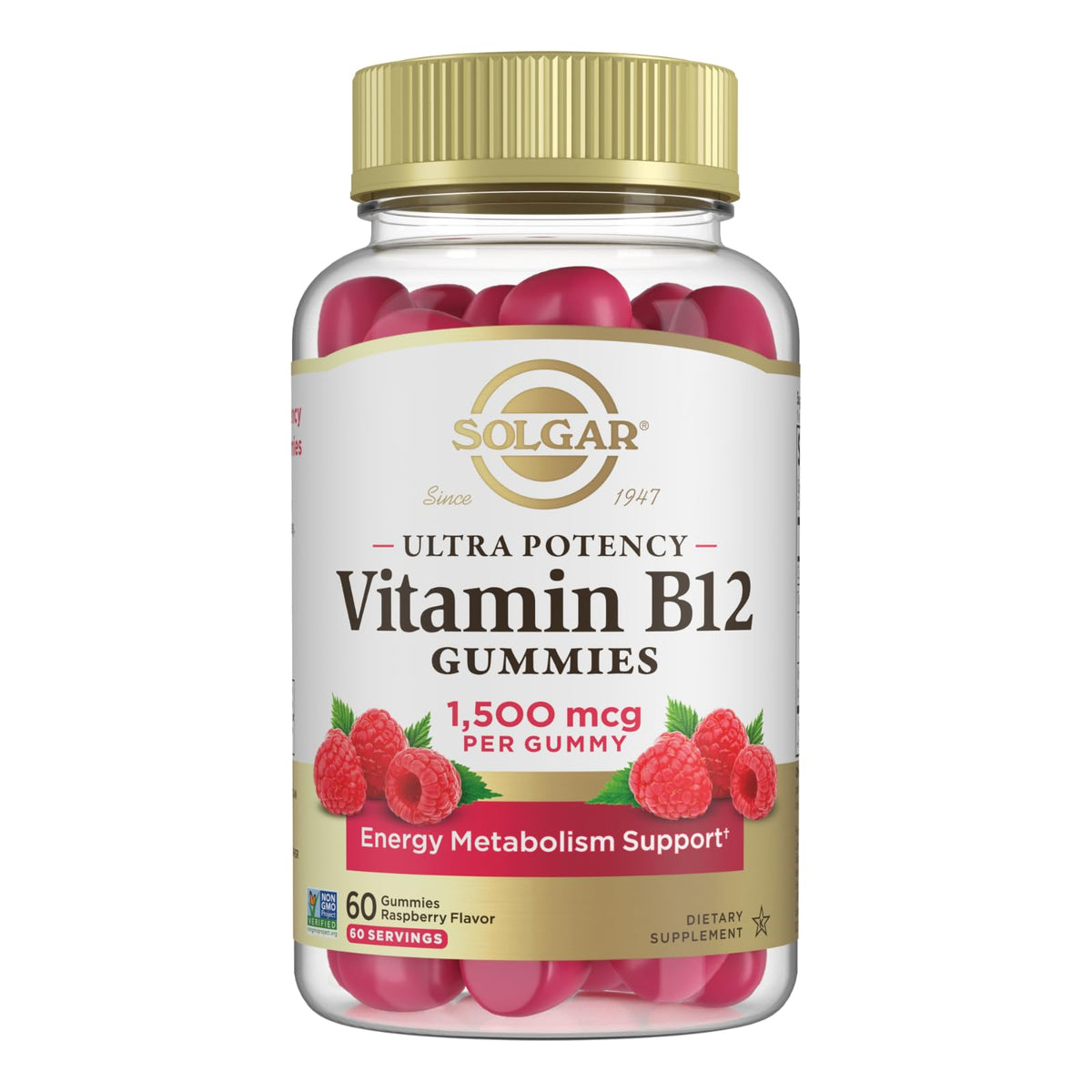 Flacon de gummies Solgar Methyl B12 1500mcg vue de face