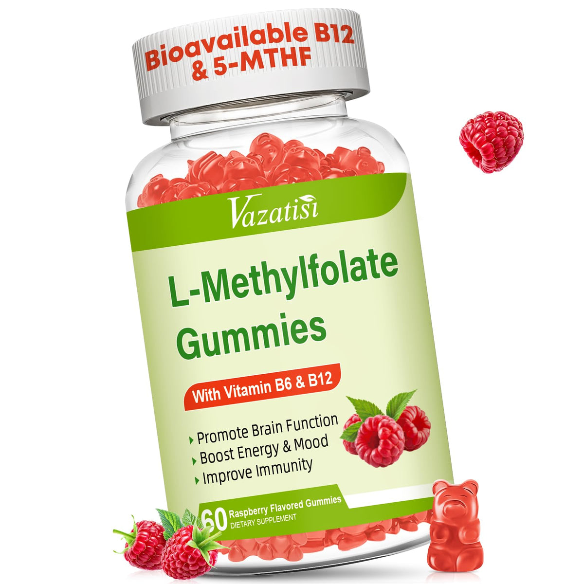 Flacon de gummies Vazatisi L-Méthylfolate 15 mg, 60 gummies au goût framboise