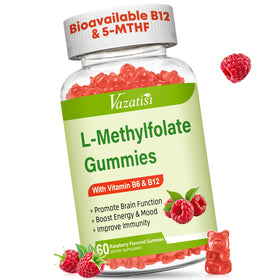 Flacon de gummies Vazatisi L-Méthylfolate 15 mg, 60 gummies au goût framboise