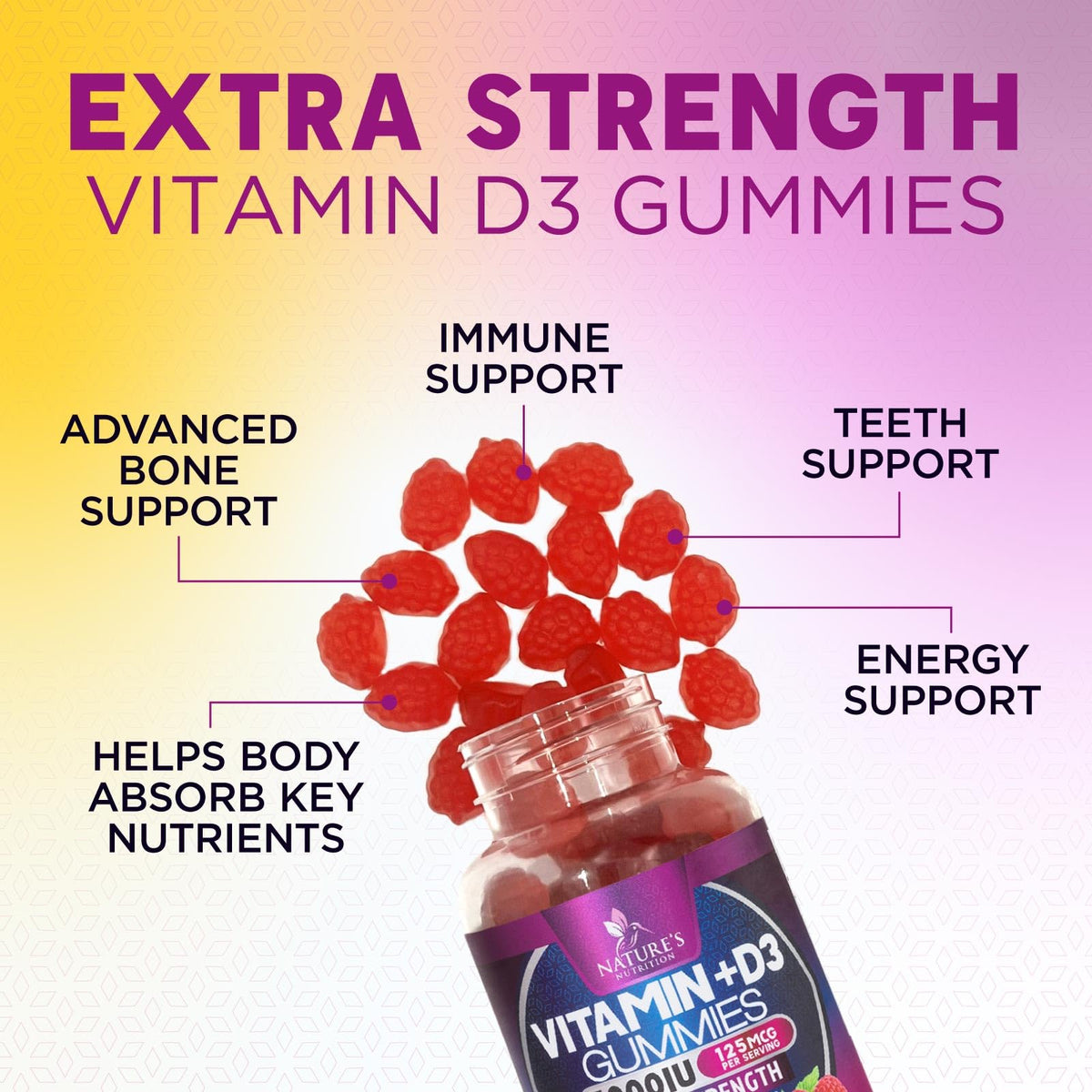 Flacon de gummies Vitamine D3 avec étiquette visible