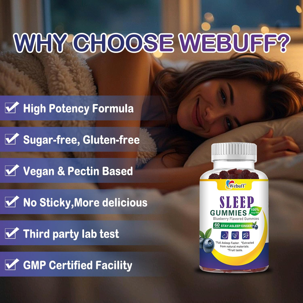 Flacon de gummies Webuff à la mélatonine 10 mg, arrière-plan blanc
