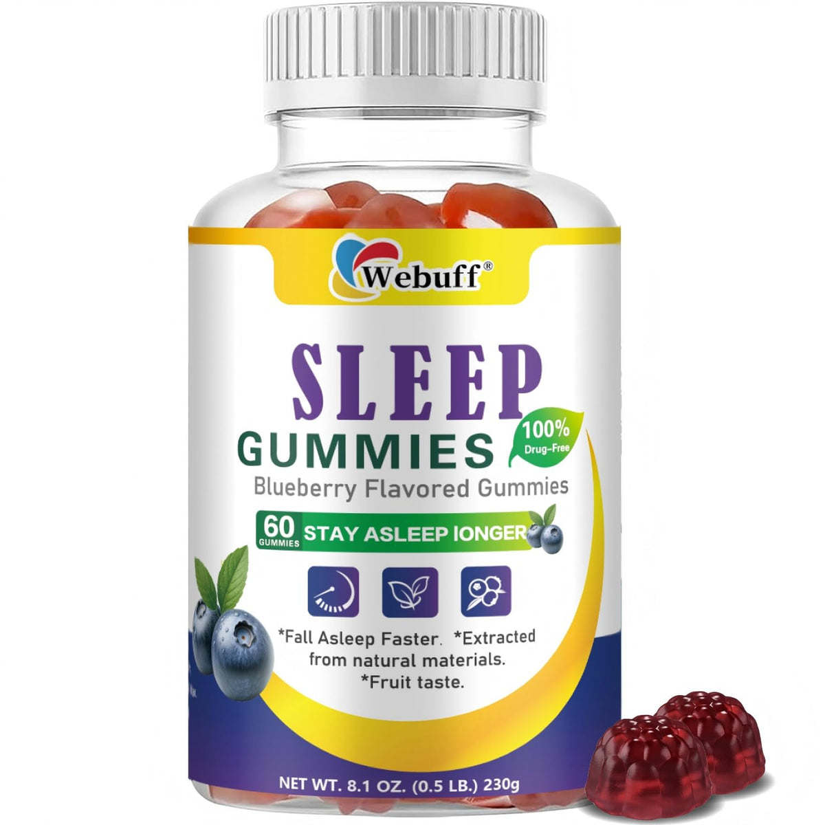 Flacon de gummies Webuff à la mélatonine 10 mg, saveur myrtille, vue de face