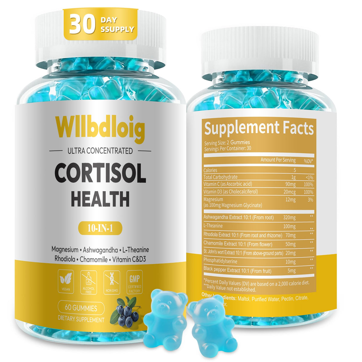 Flacon de gummies Wllbdloig pour femme, 60 gélifiés au goût de myrtille