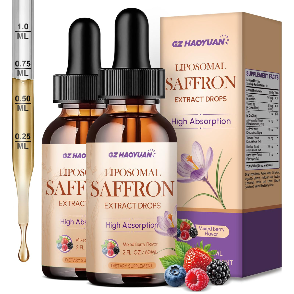Flacon de GZ HAOYUAN Complément Liposomal Safran 89 mg vue avant