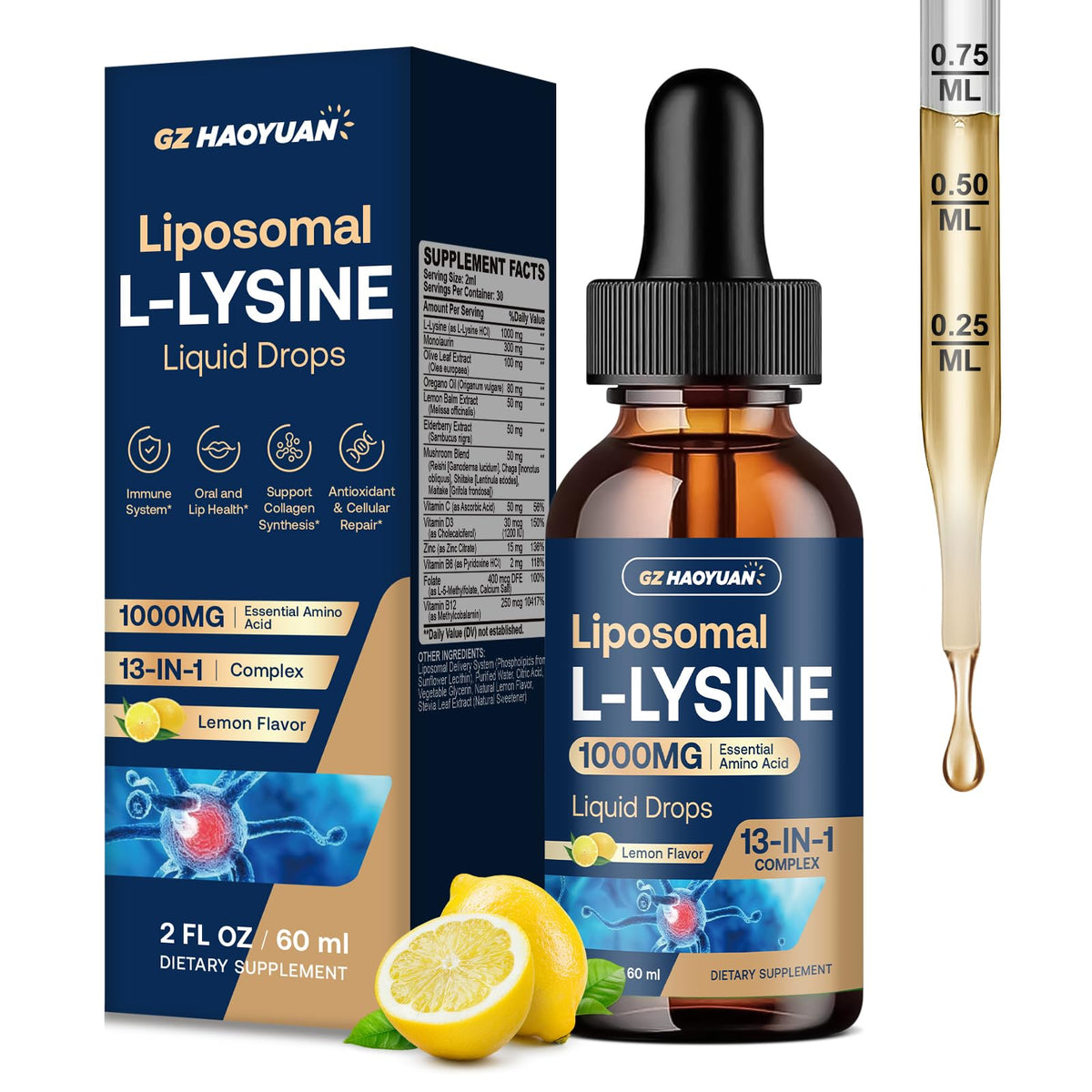 Flacon de GZ HAOYUAN L-Lysine 1000MG avec dosage