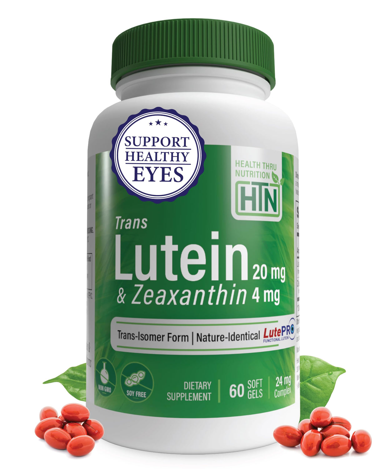 Flacon de Health Thru Nutrition Lutein 20mg et Zeaxanthin 4mg vue de face