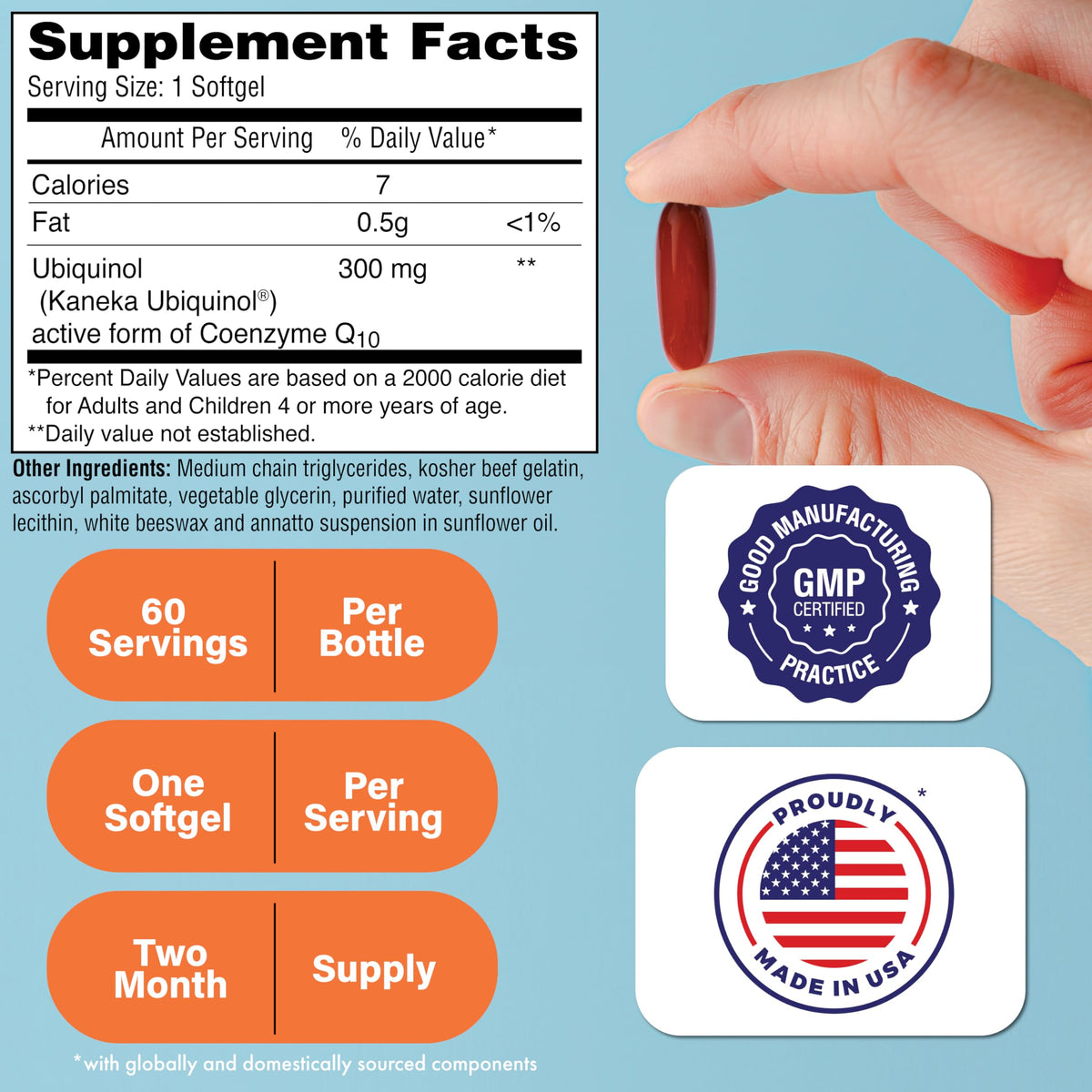 Flacon de Health Thru Nutrition Ubiquinol 300mg 60 gélules, étiquette visible