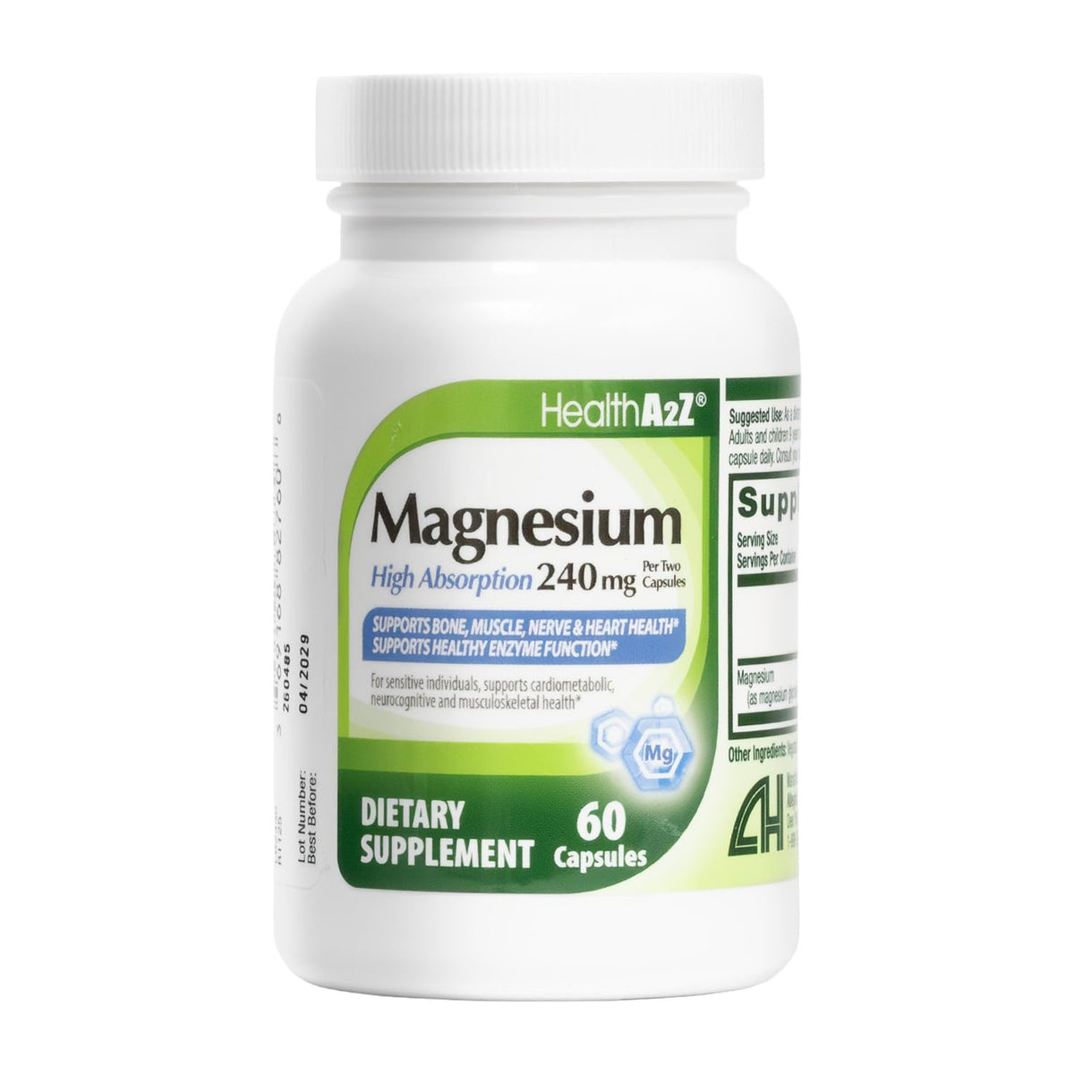 Flacon de HealthA2Z Magnésium Glycinate 240 mg 60 Capsules vue de face