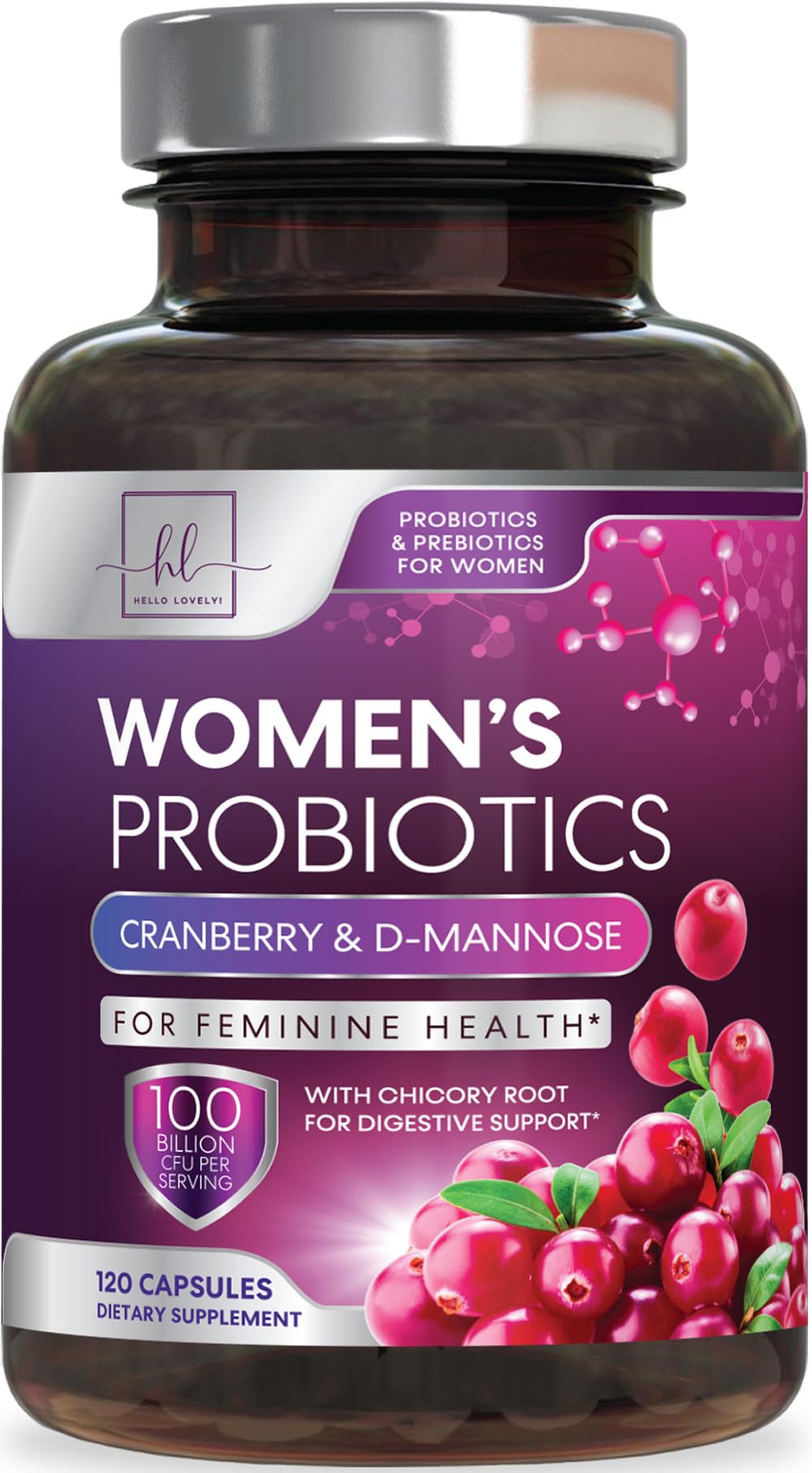 Flacon de Hello Lovely! Probiotiques Femmes 120 Capsules vue de face