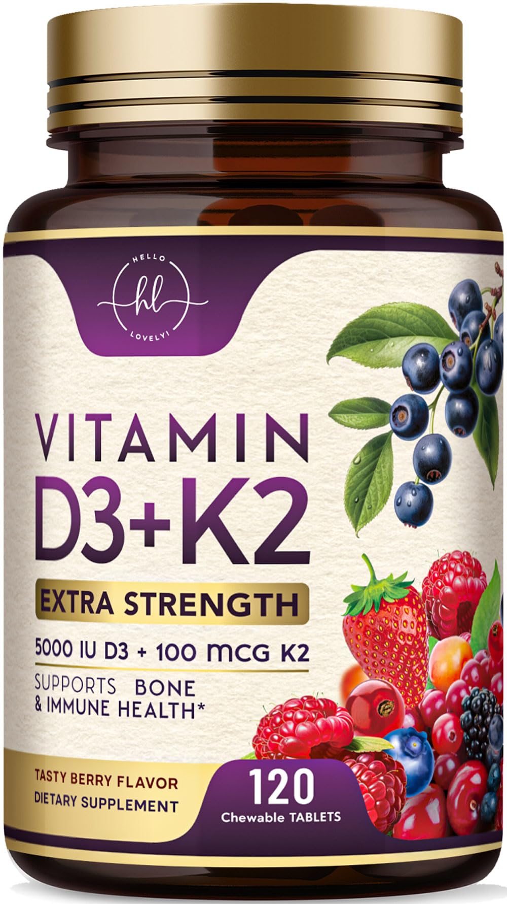 Flacon de Hello Lovely! Vitamine D3 K2 5000 IU 120 comprimés à mâcher