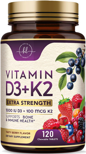 Flacon de Hello Lovely! Vitamine D3 K2 5000 IU 120 comprimés à mâcher