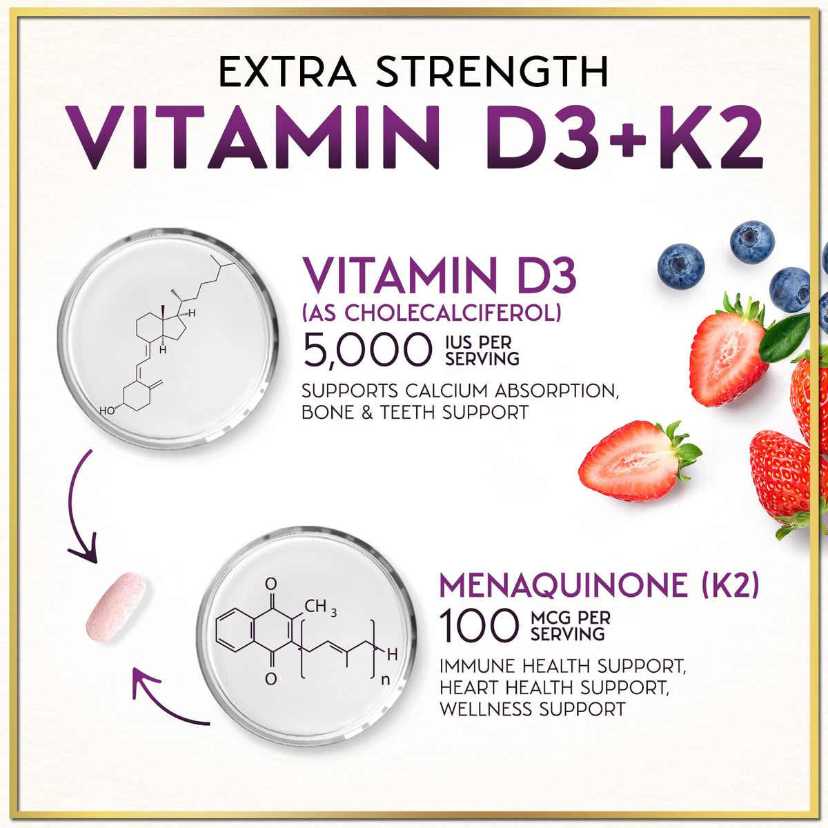 Flacon de Hello Lovely! Vitamine D3 K2 ouvert avec comprimés visibles