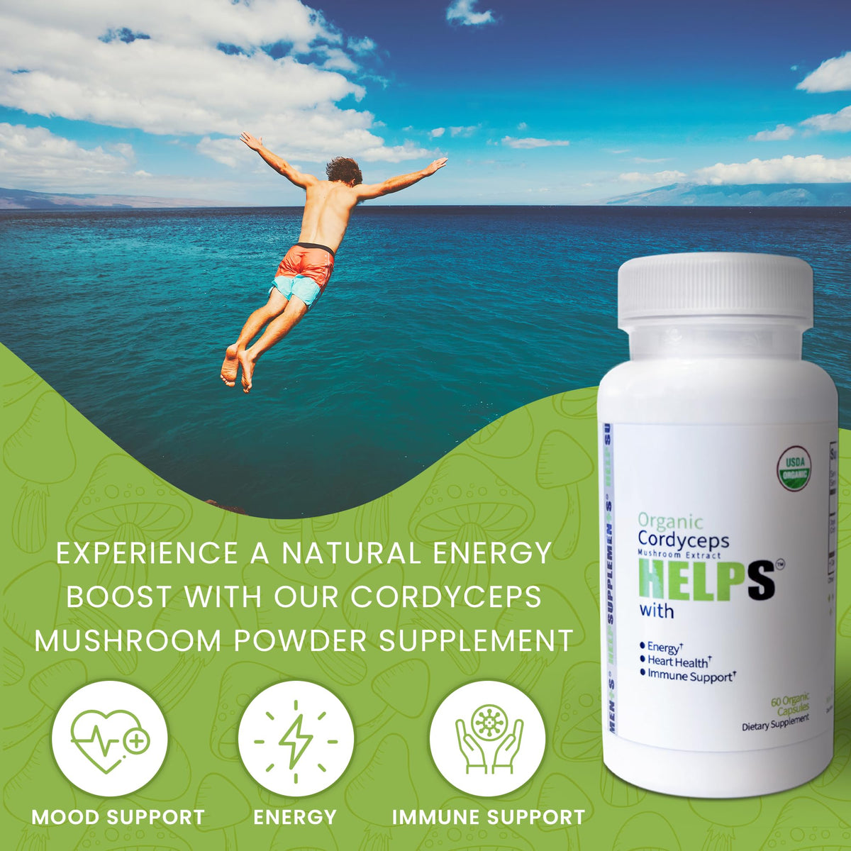 Flacon de Help Supplements Champignon Cordyceps 1000mg sur une table en bois