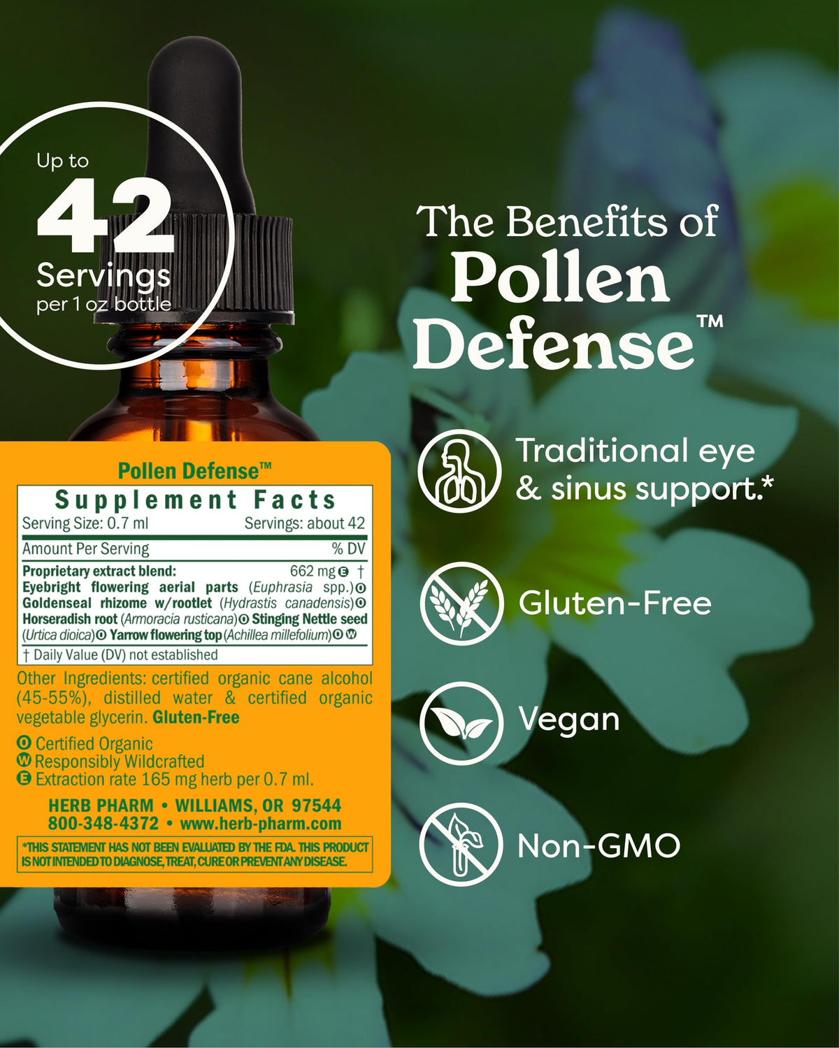 Flacon de Herb Pharm Pollen Defense 30 ml avec bouchon ouvert