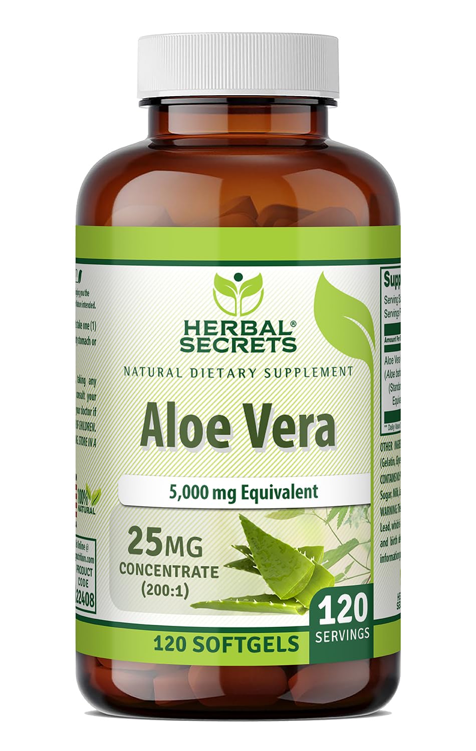 Flacon de Herbal Secrets Aloe Vera 25 mg avec 120 gélules