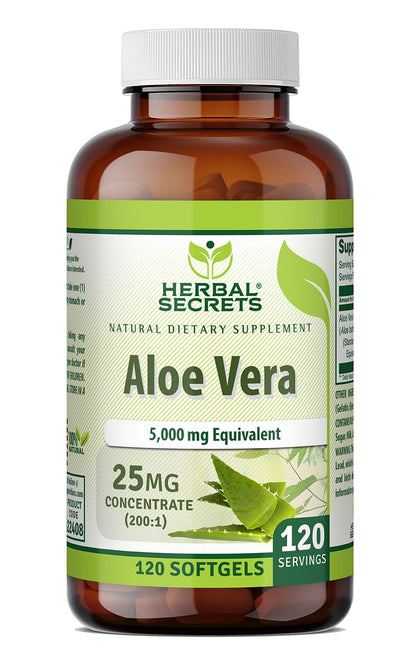 Flacon de Herbal Secrets Aloe Vera 25 mg avec 120 gélules