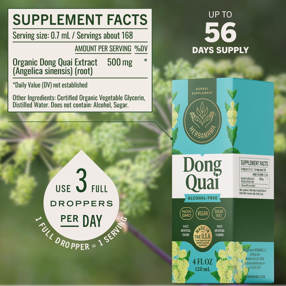 Flacon de HERBAMAMA Donq Quai 500 mg avec étiquette