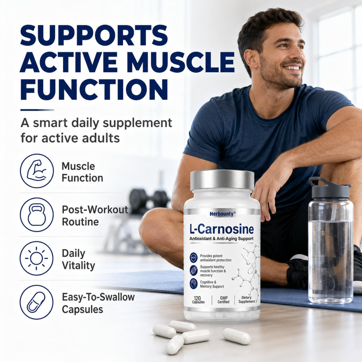 Flacon de Herbounty L-Carnosine 500mg avec un verre d'eau