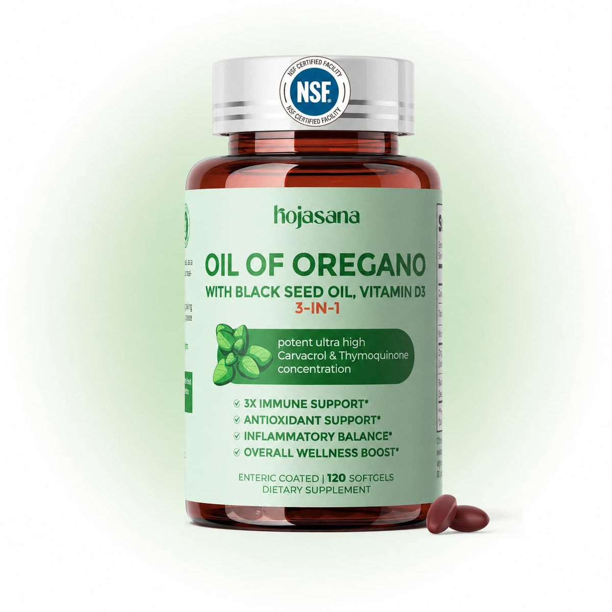 Flacon de HojaSana Huile d'Origan 120 capsules vue de face