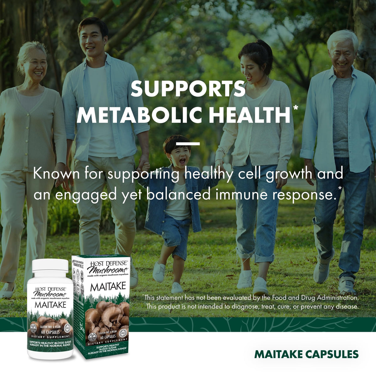 Flacon de Host Defense Maitake ouvert avec capsules