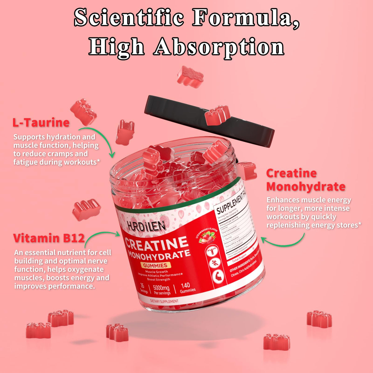 Flacon de Hurdilen Gummies de créatine avec dosage recommandé