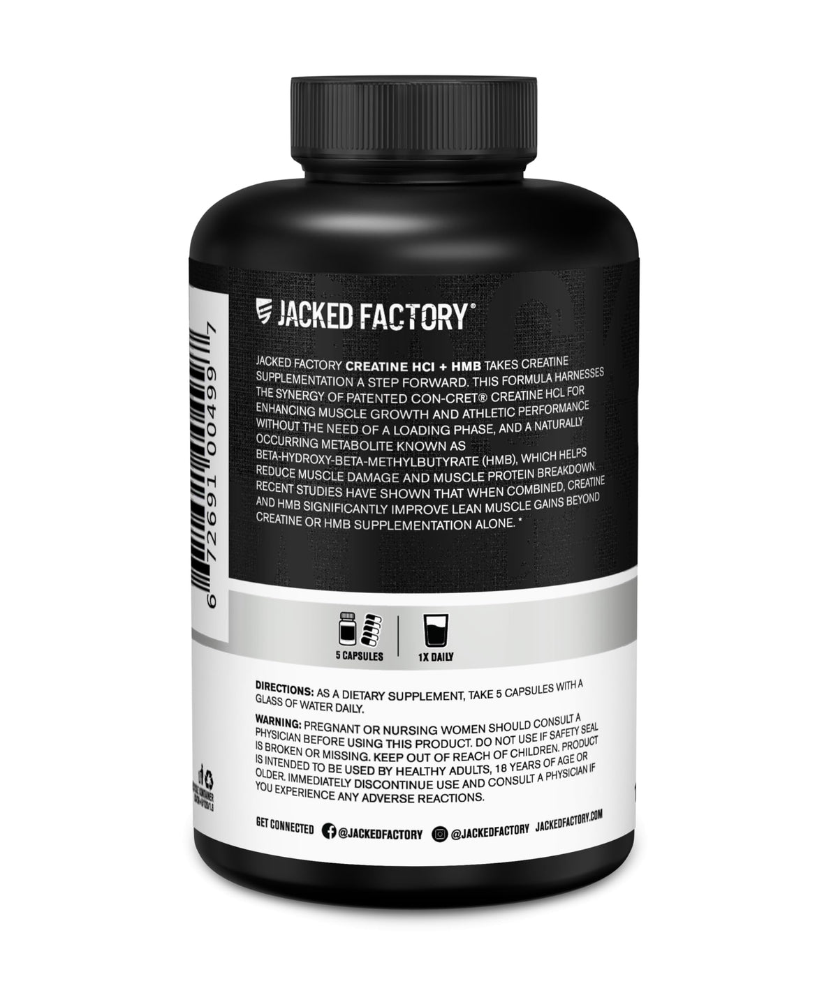 Flacon de Jacked Factory Créatine HCL + HMB avec dosage indiqué