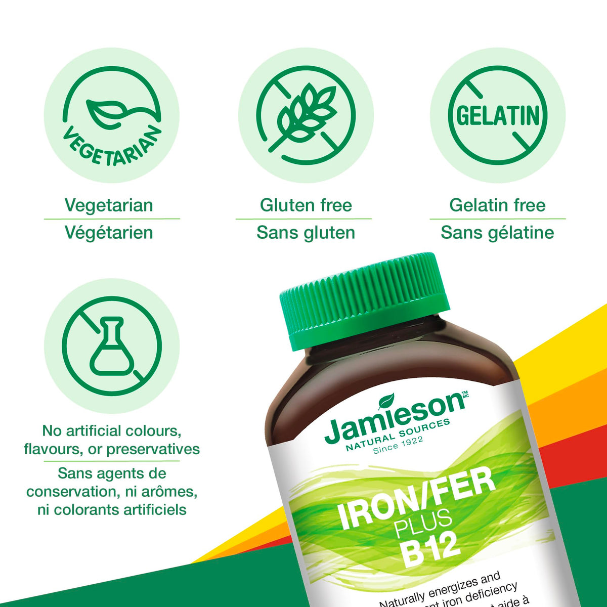 Flacon de Jamieson Fer + Vitamine B12 avec étiquette et informations sur le produit