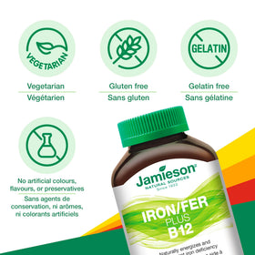 Flacon de Jamieson Fer + Vitamine B12 avec étiquette et informations sur le produit