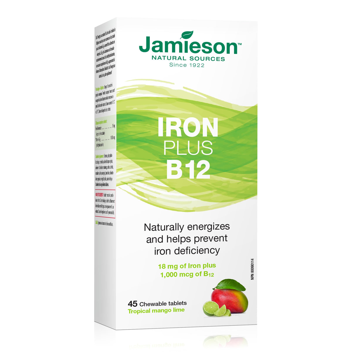 Flacon de Jamieson Fer + Vitamine B12 contenant 45 comprimés à mâcher au goût mangue