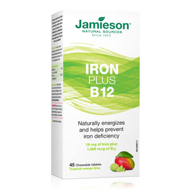 Flacon de Jamieson Fer + Vitamine B12 contenant 45 comprimés à mâcher au goût mangue