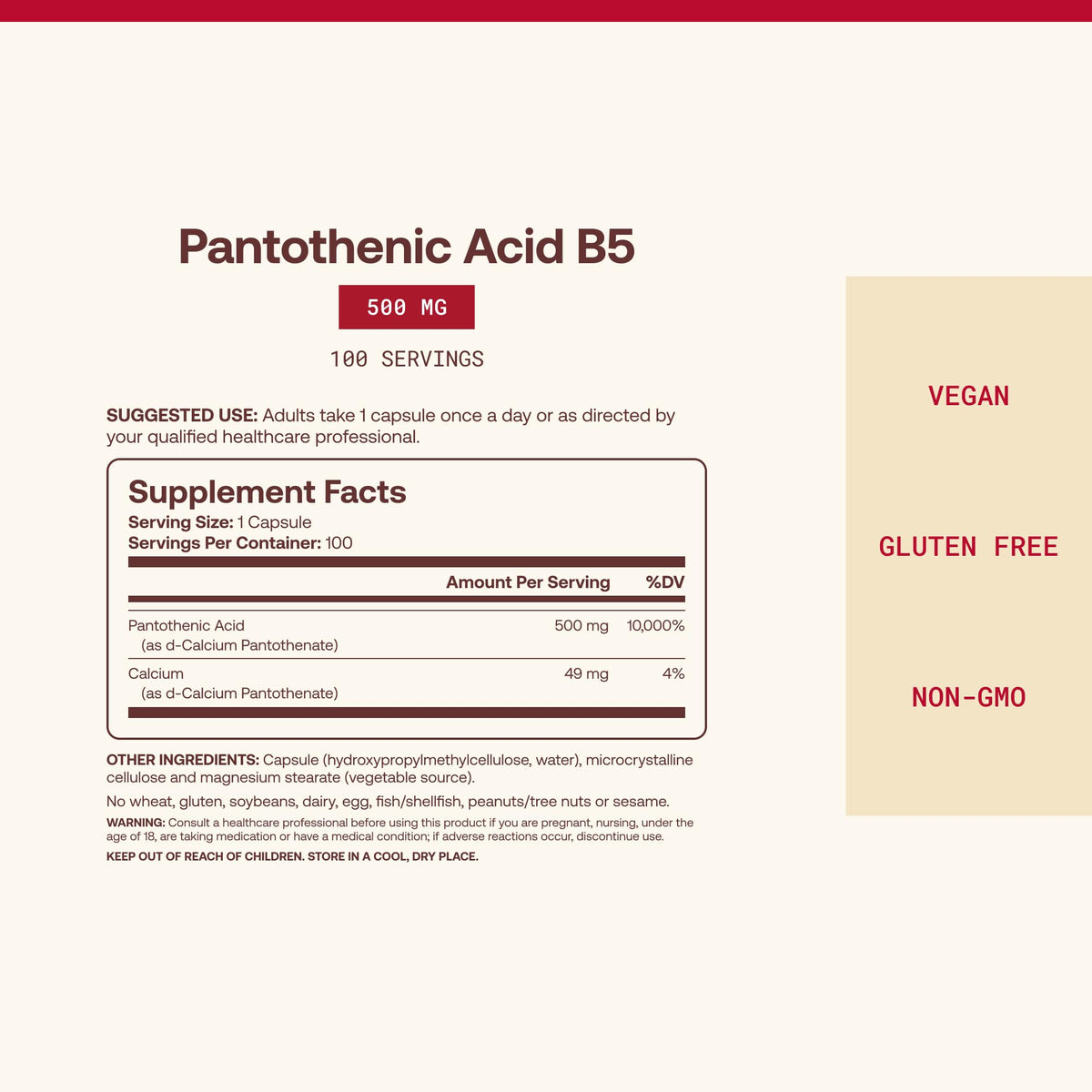 Flacon de Jarrow Formulas Acide Pantothénique B5 500mg avec étiquette visible