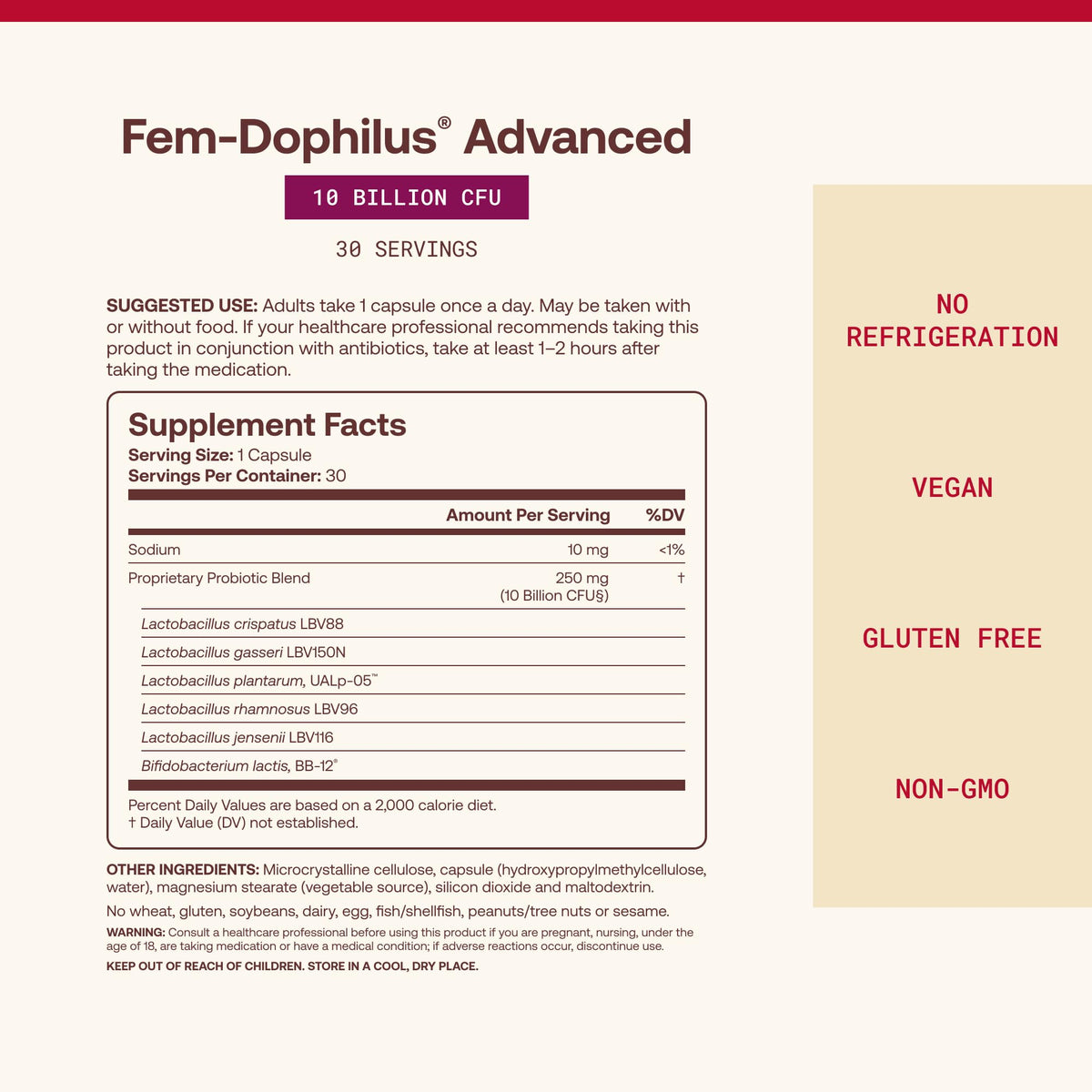 Flacon de Jarrow Formulas Fem-Dophilus ouvert montrant les capsules à l'intérieur