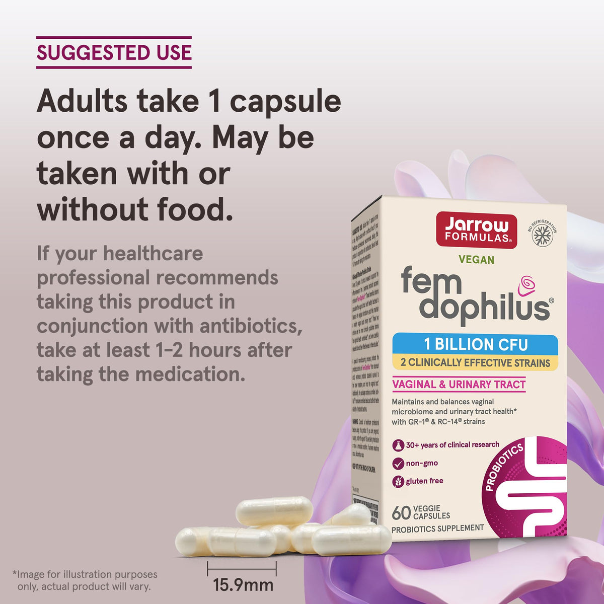 Flacon de Jarrow Formulas Fem-Dophilus sur une table en bois