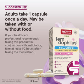 Flacon de Jarrow Formulas Fem-Dophilus sur une table en bois