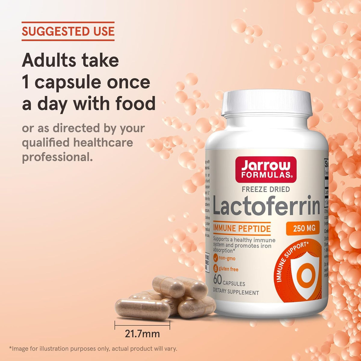 Flacon de Jarrow Formulas Lactoferrin ouvert avec capsules visibles