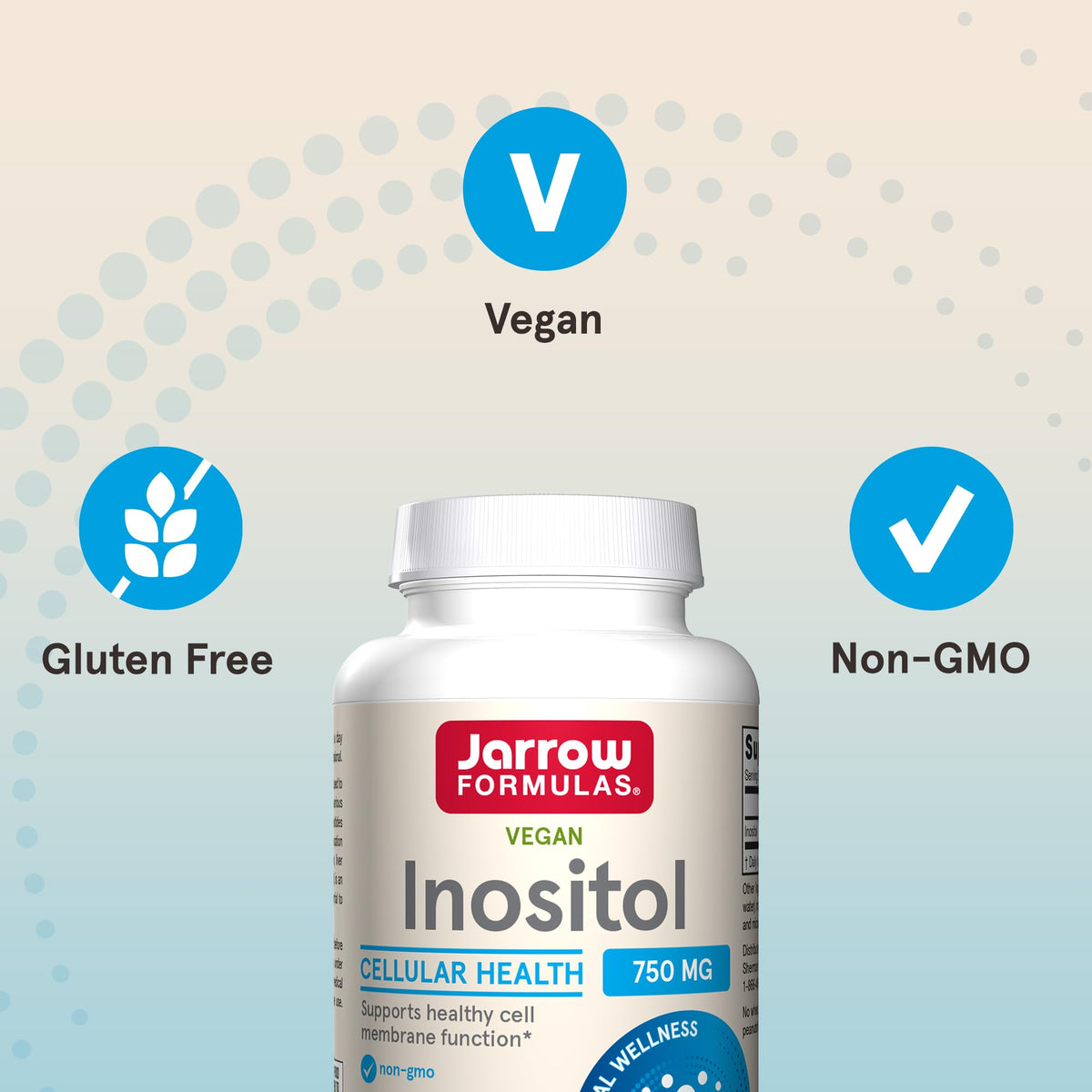 Flacon de Jarrow Inositol 750 mg sur une table en bois