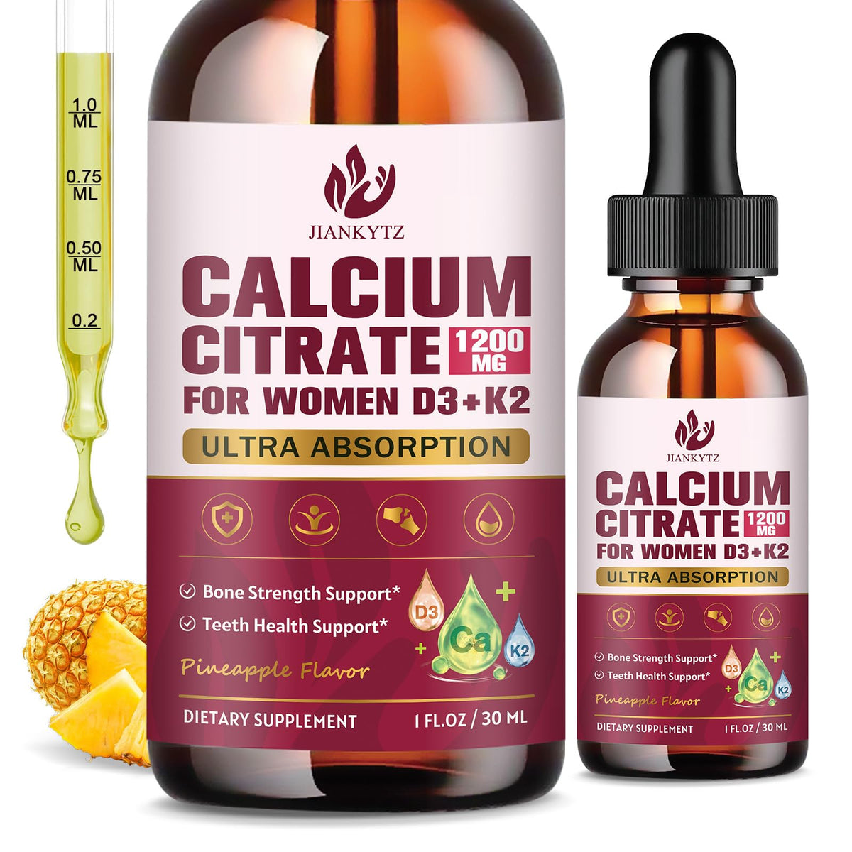 Flacon de JIANKYTZ Calcium Citrate 1200mg avec D3 et K2 vue de face