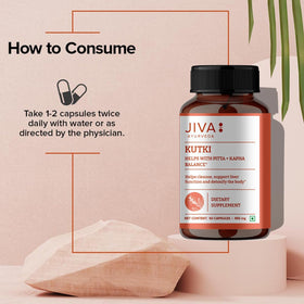 Flacon de Jiva Ayurveda Kutki avec capsules à l'extérieur