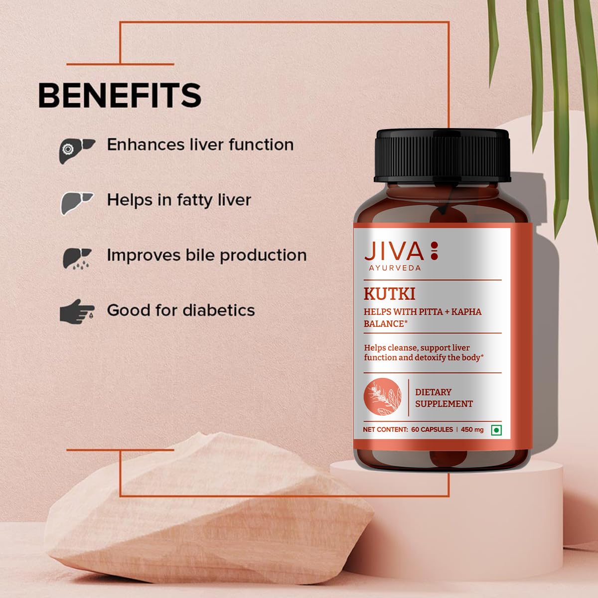 Flacon de Jiva Ayurveda Kutki avec étiquette visible
